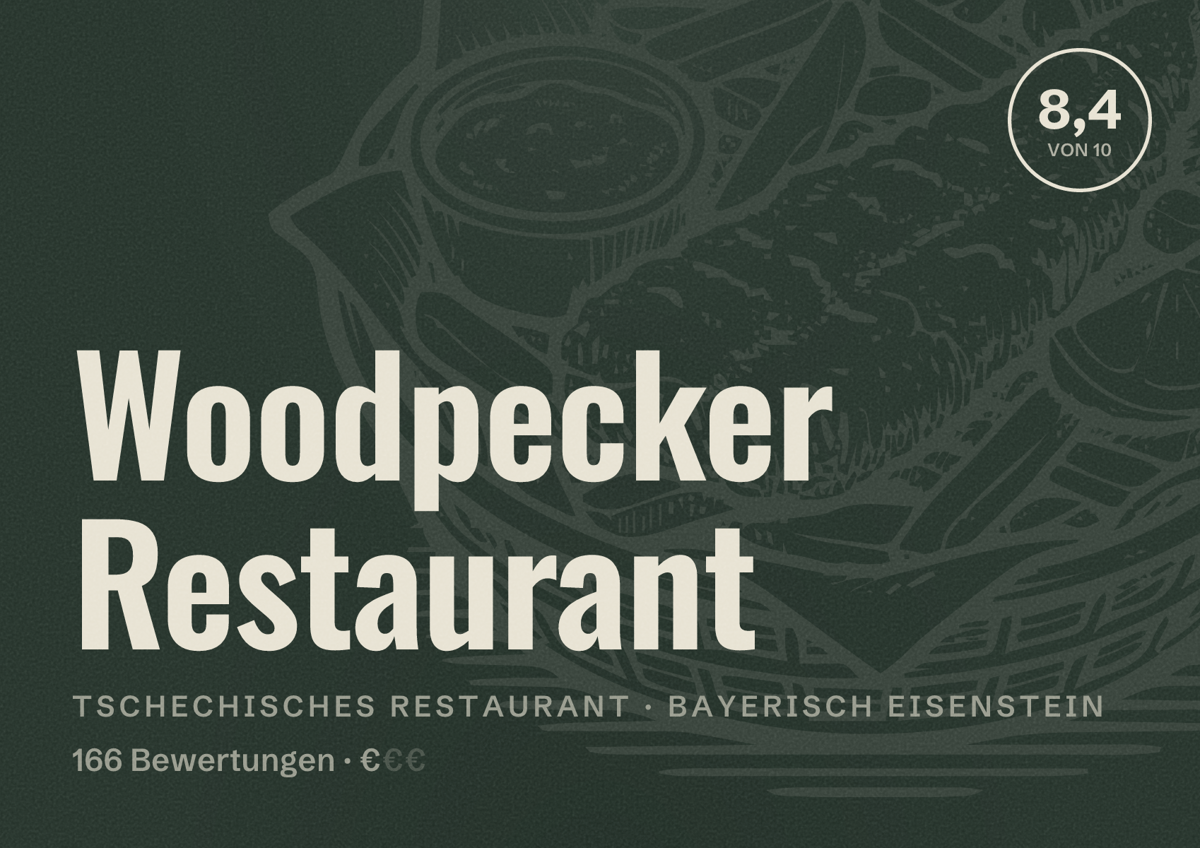 Illustriertes Poster von Woodpecker Restaurant, Tschechisches Restaurant in Bayerisch Eisenstein: Bewertung 8,4 von 10 aus 166 Bewertungen, Preisniveau €