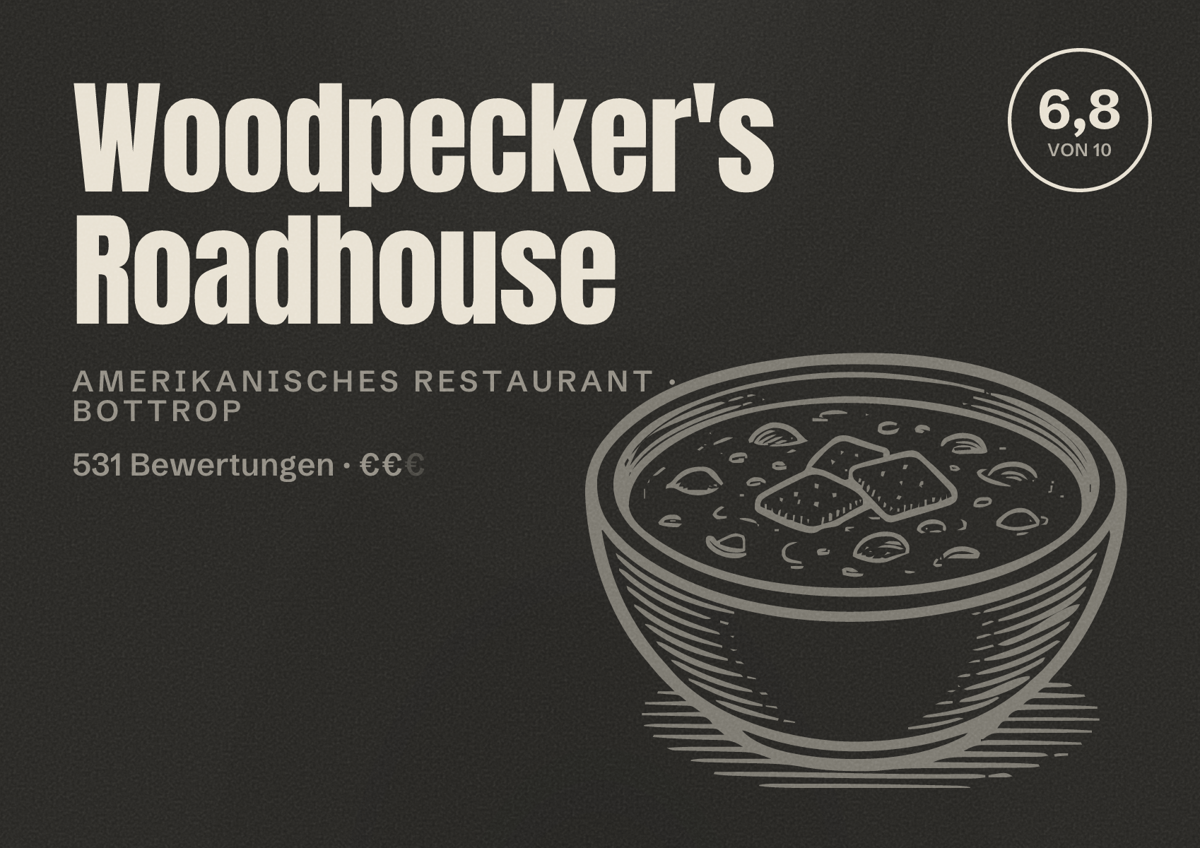 Illustriertes Poster von Woodpecker's Roadhouse, Amerikanisches Restaurant in Bottrop: Bewertung 6,8 von 10 aus 531 Bewertungen, Preisniveau €€