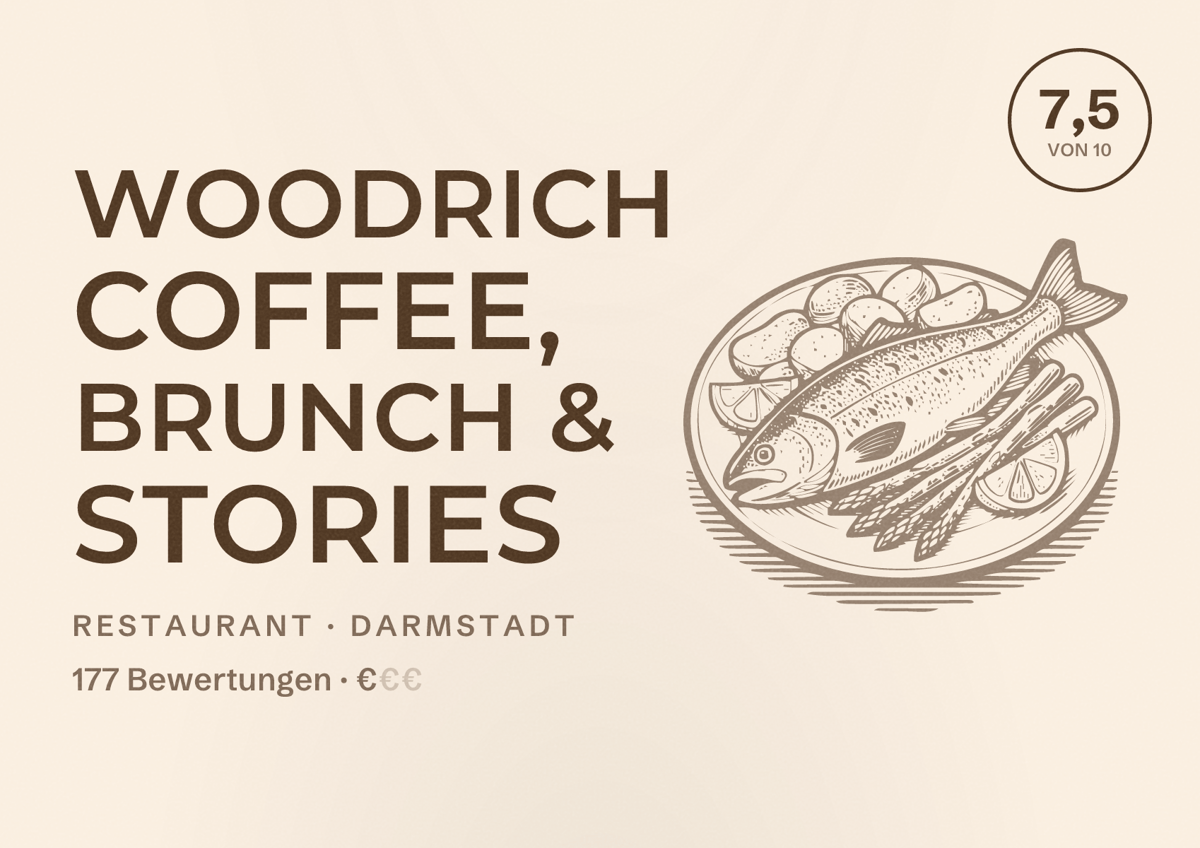 Illustriertes Poster von Woodrich Coffee, Brunch & Stories, Restaurant in Darmstadt: Bewertung 7,5 von 10 aus 177 Bewertungen, Preisniveau €