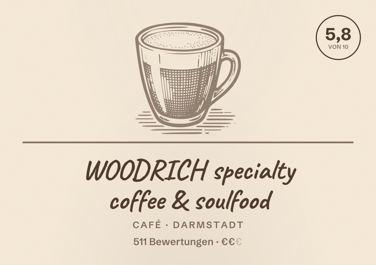 Illustriertes Poster von WOODRICH specialty coffee & soulfood, Café in Darmstadt: Bewertung 5,8 von 10 aus 511 Bewertungen, Preisniveau €€