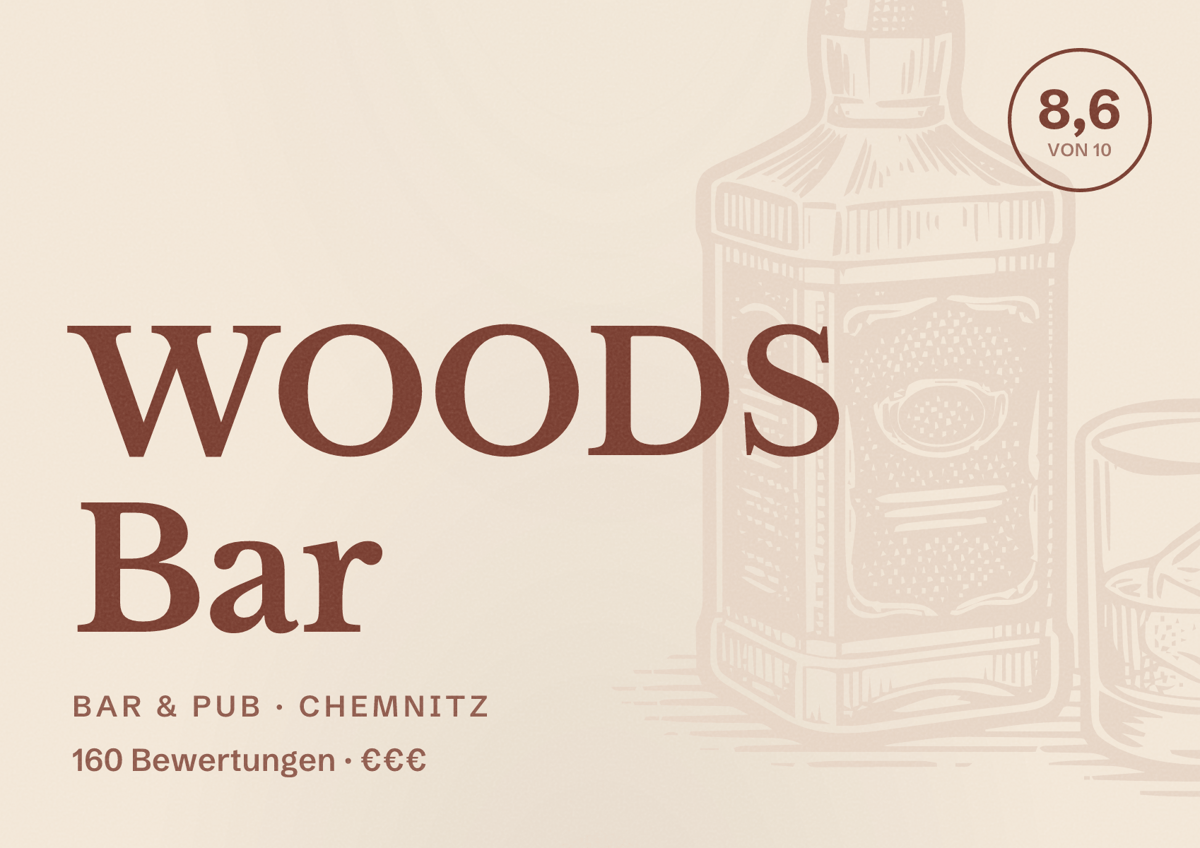Illustriertes Poster von WOODS Bar, Bar & Pub in Chemnitz: Bewertung 8,6 von 10 aus 160 Bewertungen, Preisniveau €€€