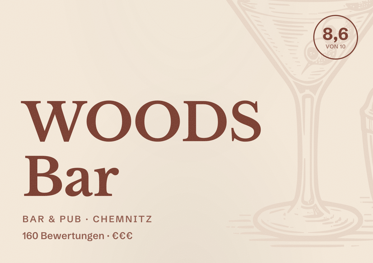 Illustriertes Poster von WOODS Bar, Bar & Pub in Chemnitz: Bewertung 8,6 von 10 aus 160 Bewertungen, Preisniveau €€€