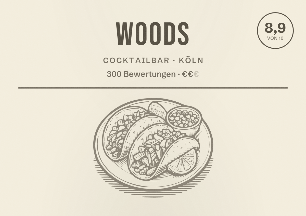 Illustriertes Poster von Woods, Cocktailbar in Köln: Bewertung 8,9 von 10 aus 300 Bewertungen, Preisniveau €€