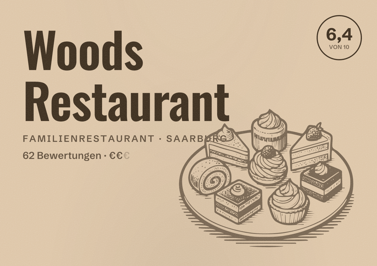 Illustriertes Poster von Woods Restaurant, Familienrestaurant in Saarburg: Bewertung 6,4 von 10 aus 62 Bewertungen, Preisniveau €€