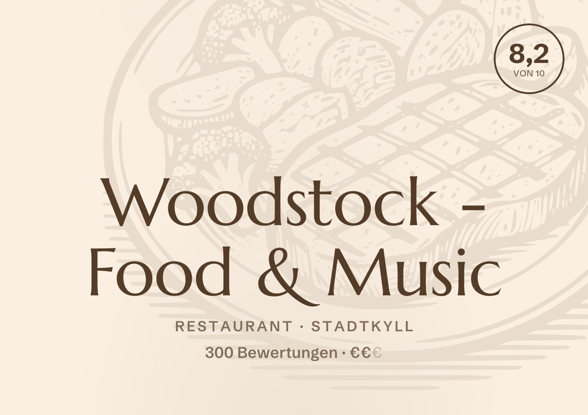 Illustriertes Poster von Woodstock - Food & Music, Restaurant in Stadtkyll: Bewertung 8,2 von 10 aus 300 Bewertungen, Preisniveau €€