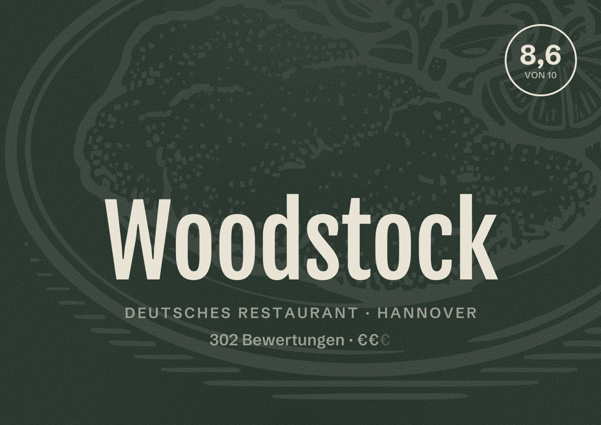 Illustriertes Poster von Woodstock, Deutsches Restaurant in Hannover: Bewertung 8,6 von 10 aus 302 Bewertungen, Preisniveau €€