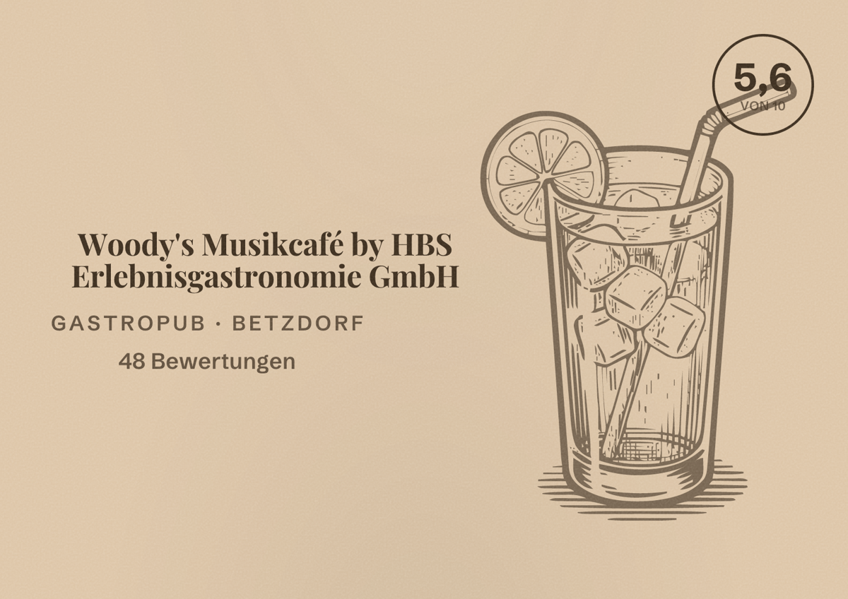 Illustriertes Poster von Woody's Musikcafé by HBS Erlebnisgastronomie GmbH, Gastropub in Betzdorf: Bewertung 5,6 von 10 aus 48 Bewertungen