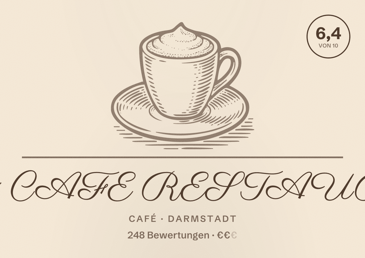 Illustriertes Poster von WOOG CAFE RESTAURANT, Café in Darmstadt: Bewertung 6,4 von 10 aus 248 Bewertungen, Preisniveau €€