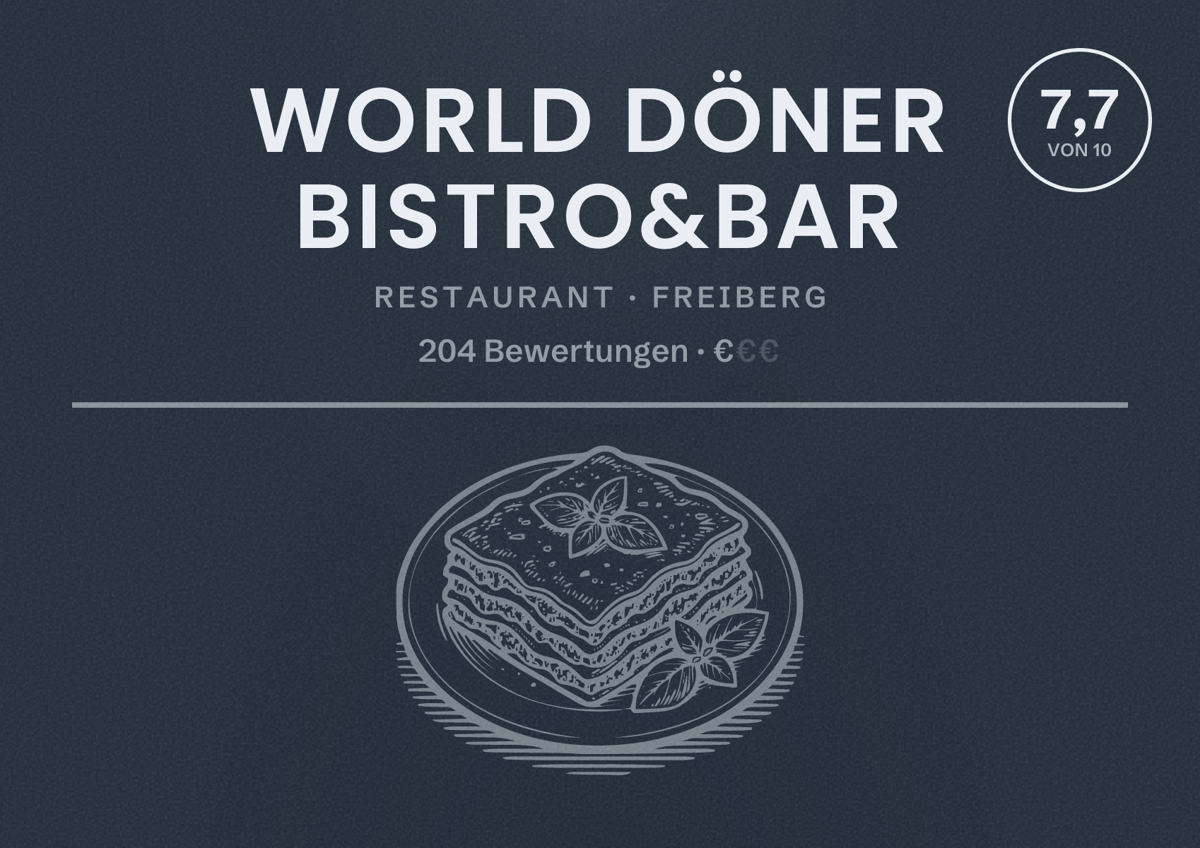 Illustriertes Poster von World Döner Bistro&Bar, Restaurant in Freiberg: Bewertung 7,7 von 10 aus 204 Bewertungen, Preisniveau €