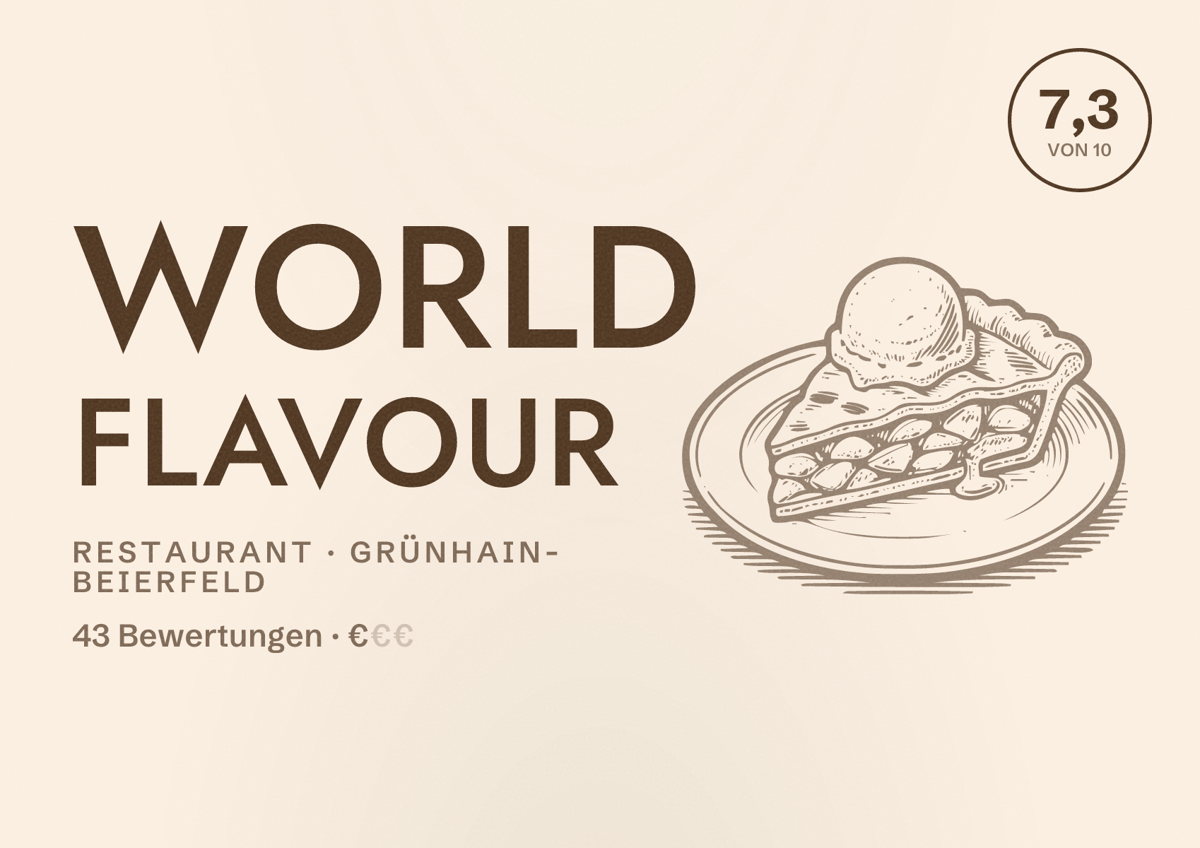 Illustriertes Poster von World Flavour, Restaurant in Grünhain-Beierfeld: Bewertung 7,3 von 10 aus 43 Bewertungen, Preisniveau €
