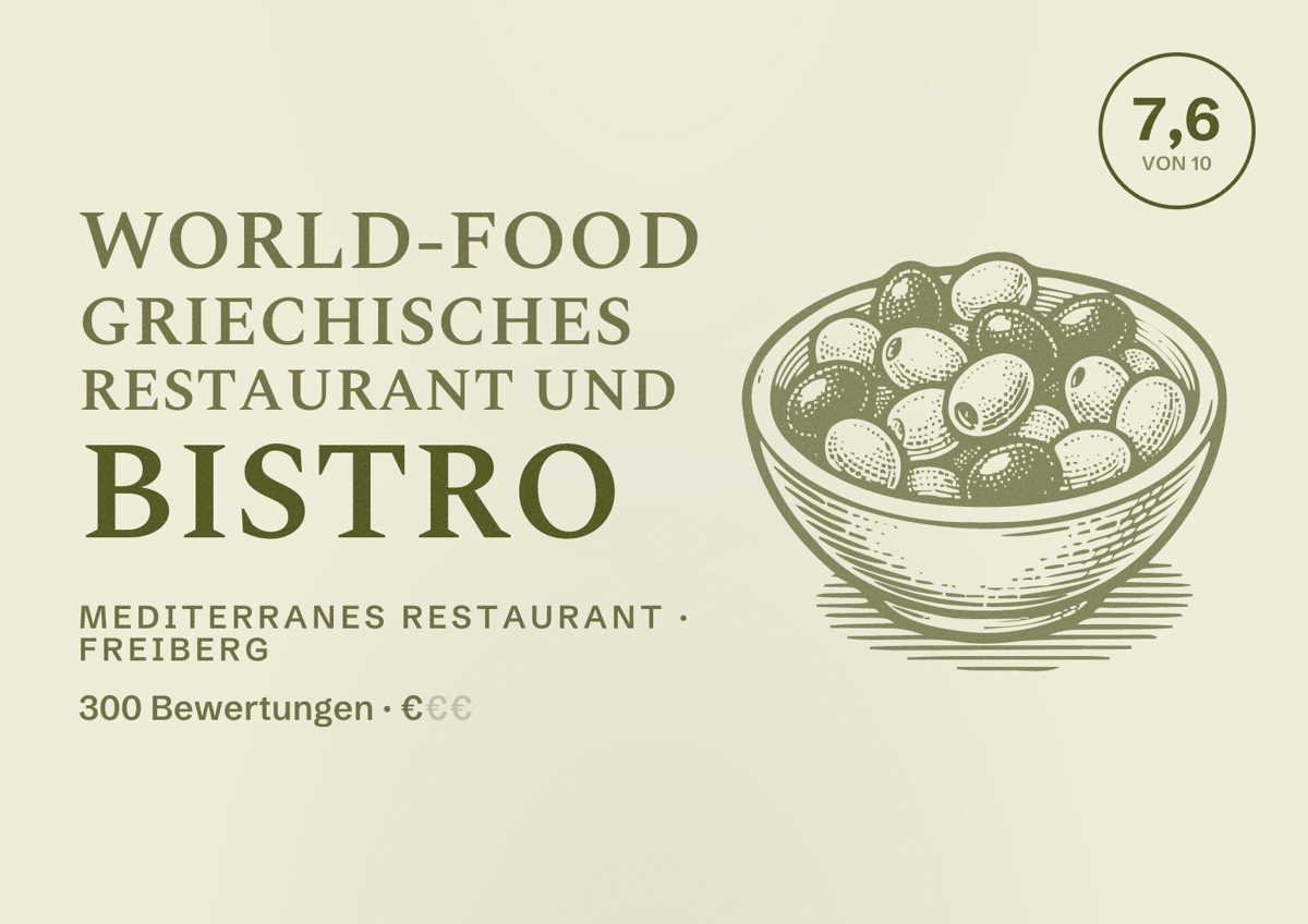 Illustriertes Poster von World-Food griechisches Restaurant und Bistro, Mediterranes Restaurant in Freiberg: Bewertung 7,6 von 10 aus 300 Bewertungen, Preisniveau €