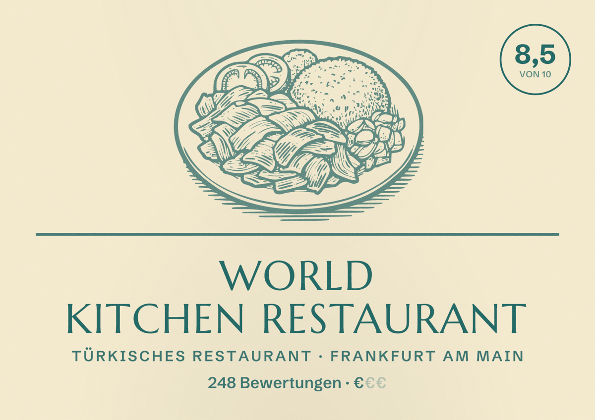 Illustriertes Poster von World Kitchen Restaurant, Türkisches Restaurant in Frankfurt am Main: Bewertung 8,5 von 10 aus 248 Bewertungen, Preisniveau €