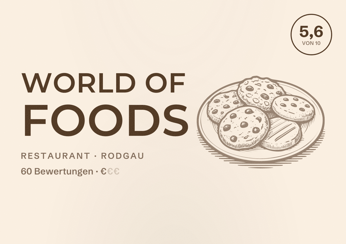 Illustriertes Poster von World of Foods, Restaurant in Rodgau: Bewertung 5,6 von 10 aus 60 Bewertungen, Preisniveau €
