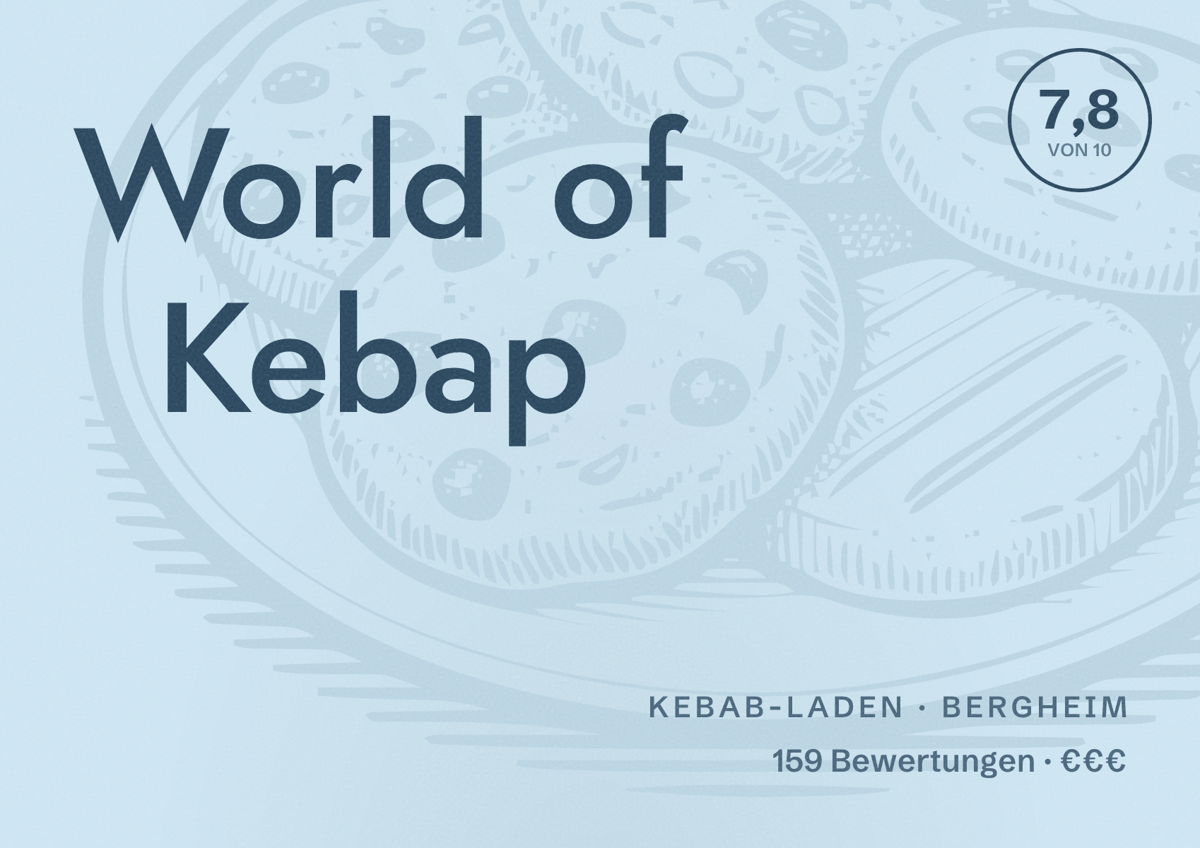 Illustriertes Poster von World of Kebap, Kebab-Laden in Bergheim: Bewertung 7,8 von 10 aus 159 Bewertungen, Preisniveau €€€