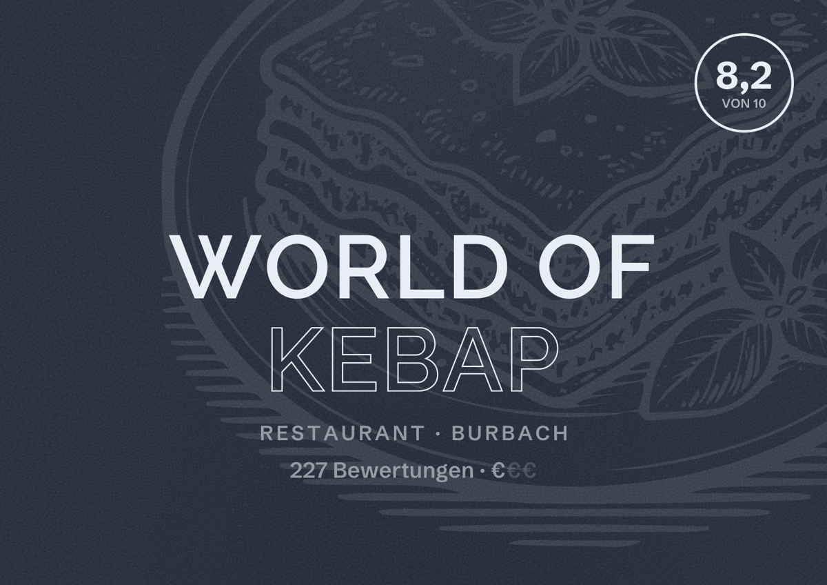 Illustriertes Poster von WORLD OF KEBAP, Restaurant in Burbach: Bewertung 8,2 von 10 aus 227 Bewertungen, Preisniveau €