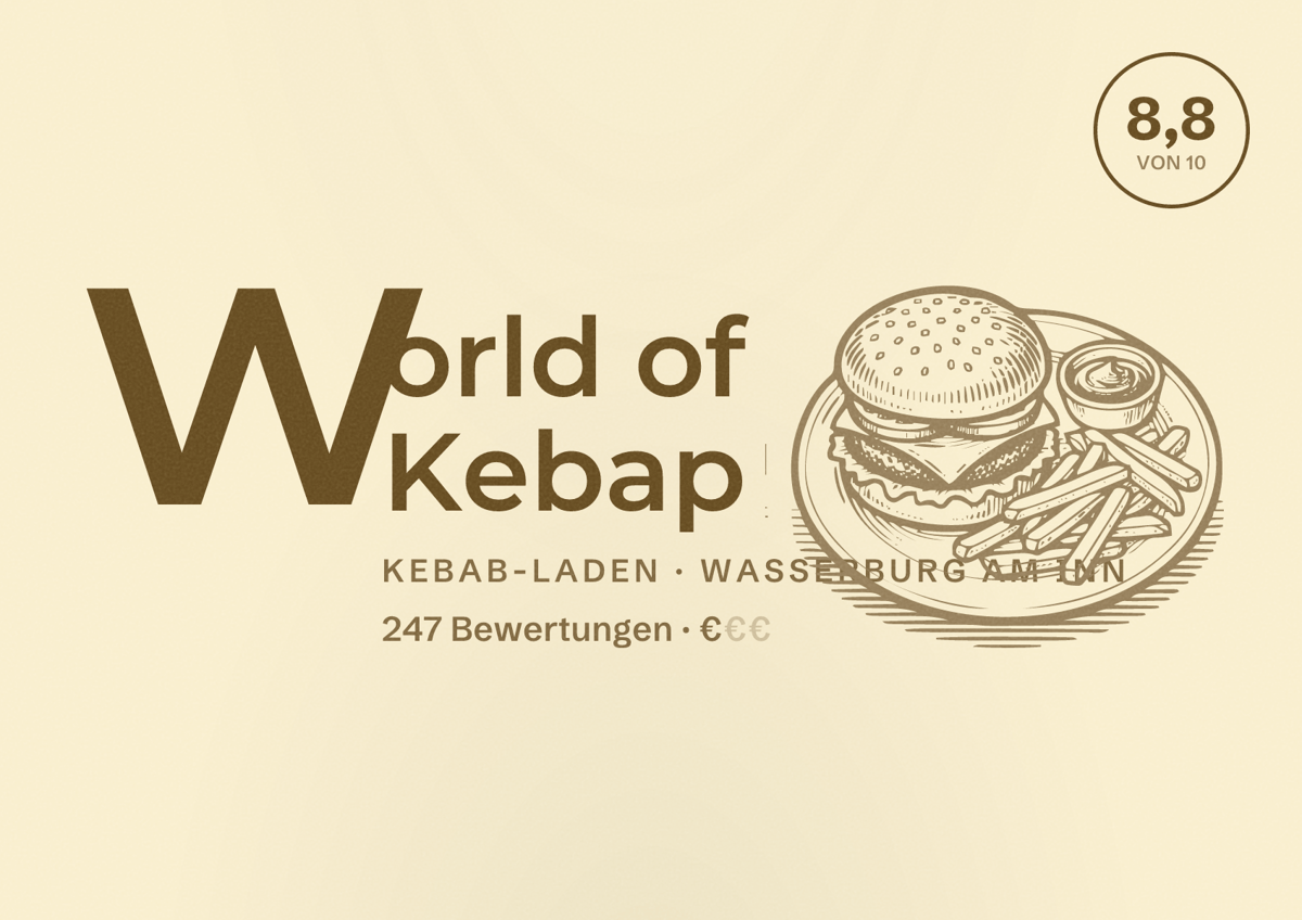 Illustriertes Poster von World of Kebap, Kebab-Laden in Wasserburg am Inn: Bewertung 8,8 von 10 aus 247 Bewertungen, Preisniveau €
