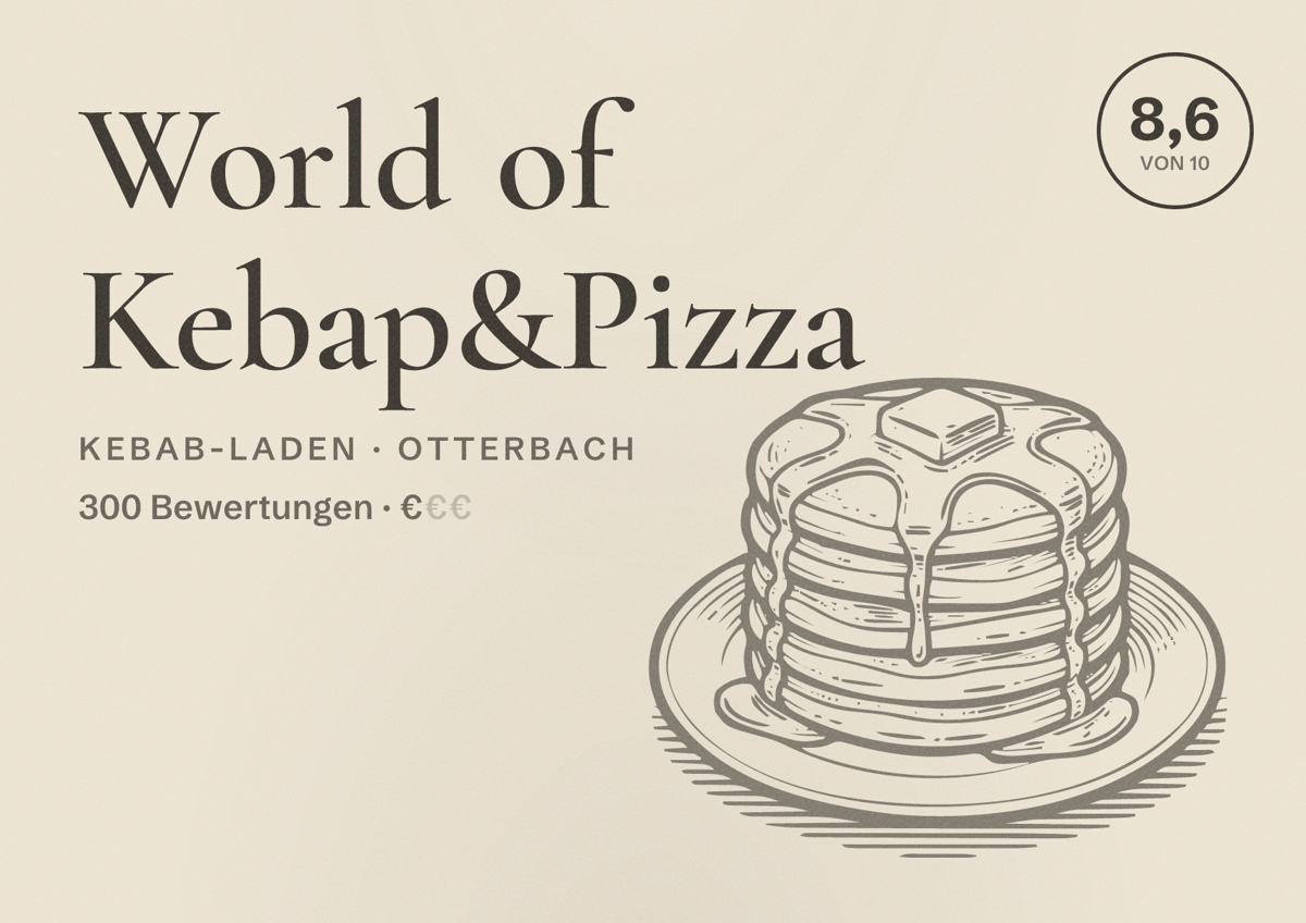 Illustriertes Poster von World of Kebap&Pizza, Kebab-Laden in Otterbach: Bewertung 8,6 von 10 aus 300 Bewertungen, Preisniveau €