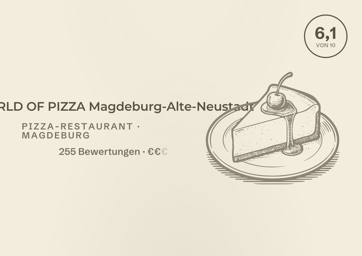 Illustriertes Poster von WORLD OF PIZZA Magdeburg-Alte-Neustadt, Pizza-Restaurant in Magdeburg: Bewertung 6,1 von 10 aus 255 Bewertungen, Preisniveau €€