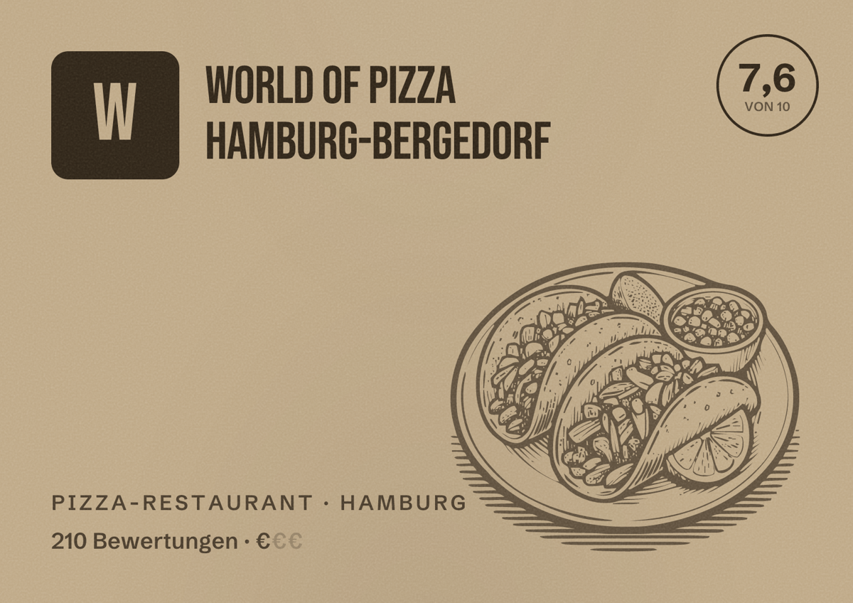 Illustriertes Poster von WORLD OF PIZZA Hamburg-Bergedorf, Pizza-Restaurant in Hamburg: Bewertung 7,6 von 10 aus 210 Bewertungen, Preisniveau €