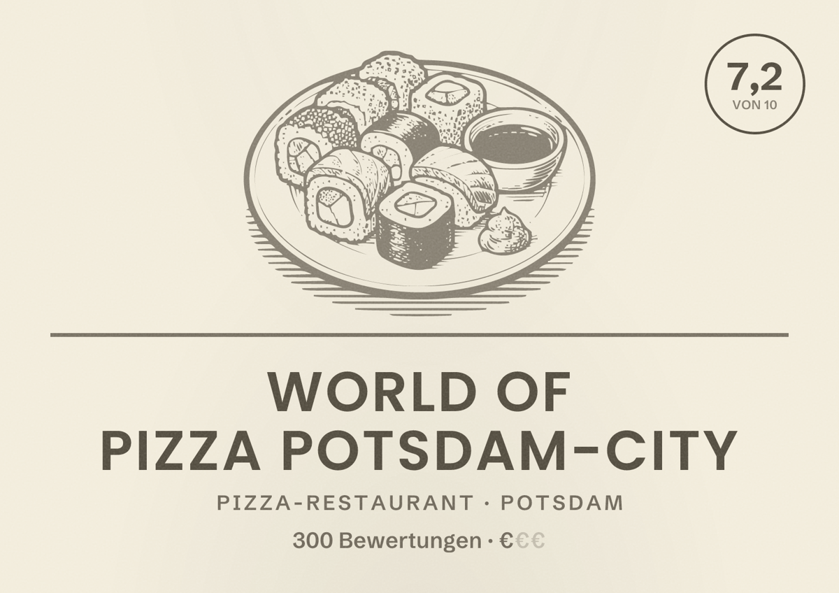 Illustriertes Poster von WORLD OF PIZZA Potsdam-City, Pizza-Restaurant in Potsdam: Bewertung 7,2 von 10 aus 300 Bewertungen, Preisniveau €