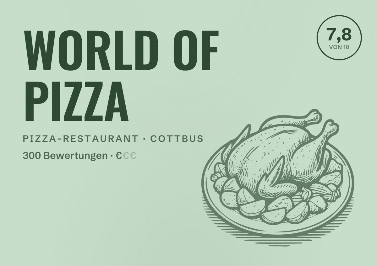 Illustriertes Poster von WORLD OF PIZZA, Pizza-Restaurant in Cottbus: Bewertung 7,8 von 10 aus 300 Bewertungen, Preisniveau €