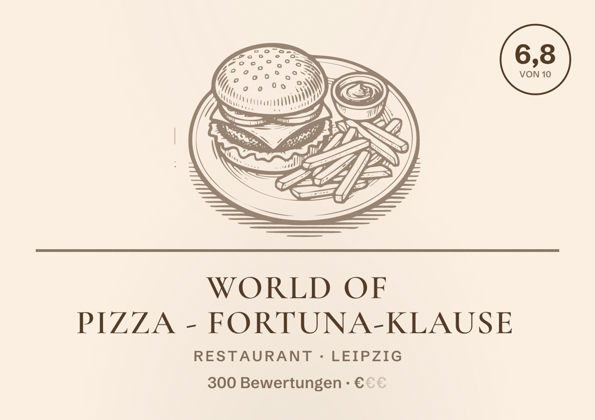 Illustriertes Poster von World of Pizza - Fortuna-Klause, Restaurant in Leipzig: Bewertung 6,8 von 10 aus 300 Bewertungen, Preisniveau €