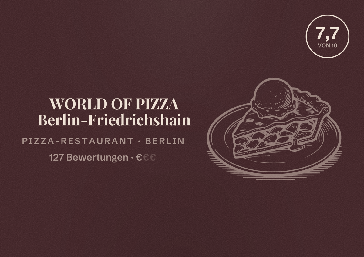 Illustriertes Poster von WORLD OF PIZZA Berlin-Friedrichshain, Pizza-Restaurant in Berlin: Bewertung 7,7 von 10 aus 127 Bewertungen, Preisniveau €