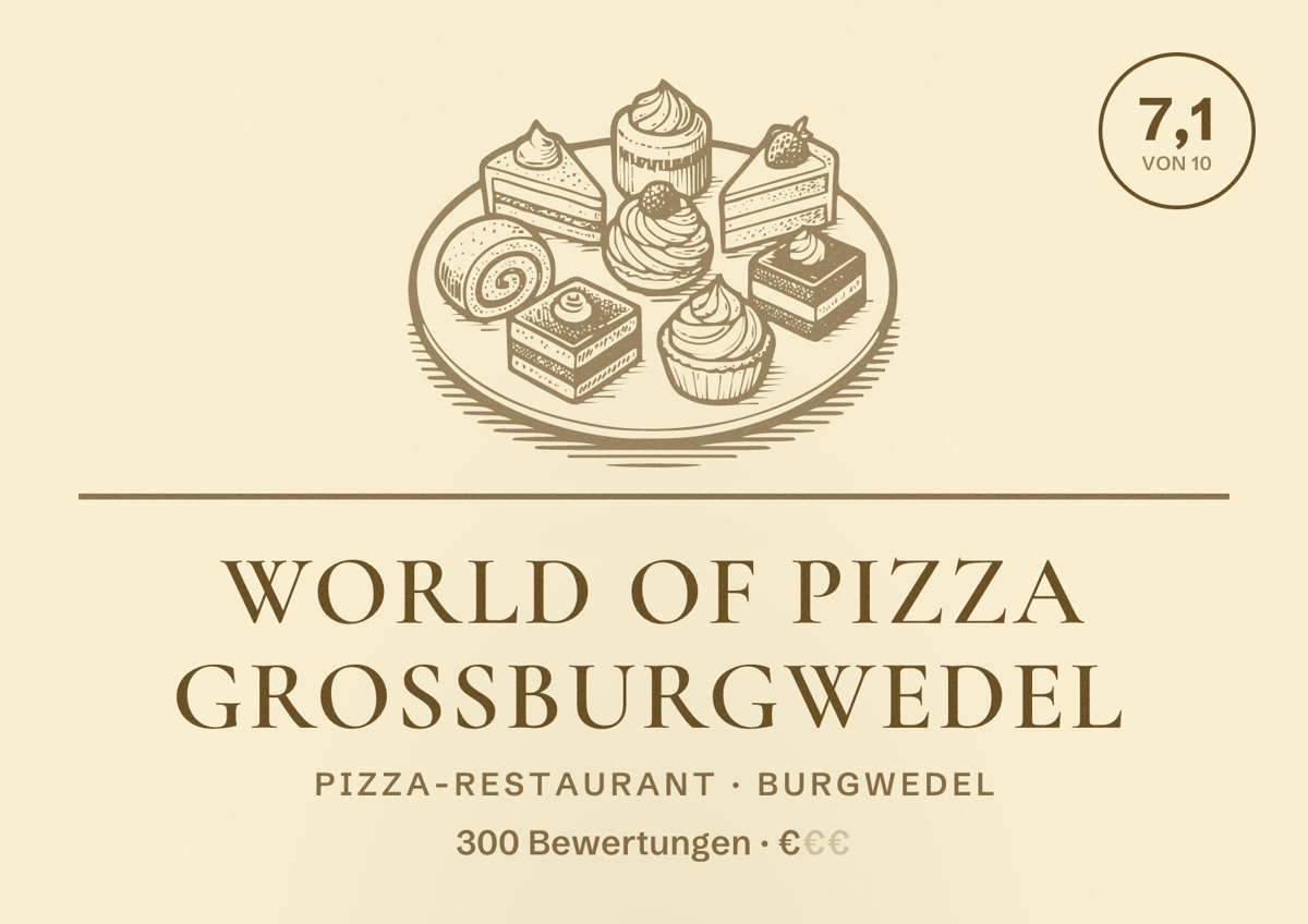 Illustriertes Poster von WORLD OF PIZZA Grossburgwedel, Pizza-Restaurant in Burgwedel: Bewertung 7,1 von 10 aus 300 Bewertungen, Preisniveau €