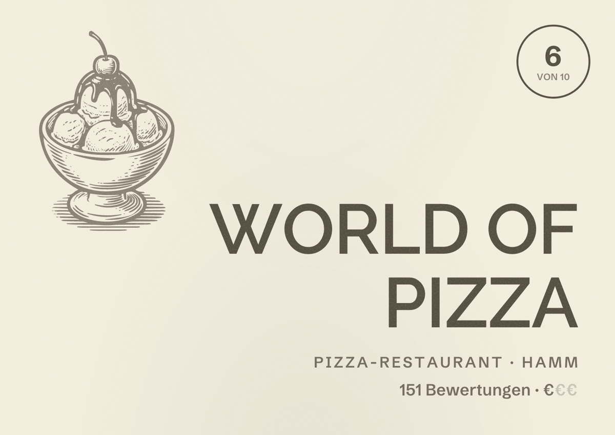 Illustriertes Poster von WORLD OF PIZZA, Pizza-Restaurant in Hamm: Bewertung 6 von 10 aus 151 Bewertungen, Preisniveau €