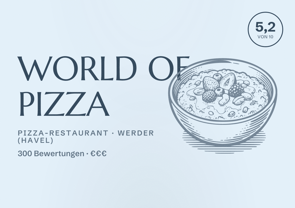 Illustriertes Poster von WORLD OF PIZZA, Pizza-Restaurant in Werder (Havel): Bewertung 5,2 von 10 aus 300 Bewertungen, Preisniveau €€€