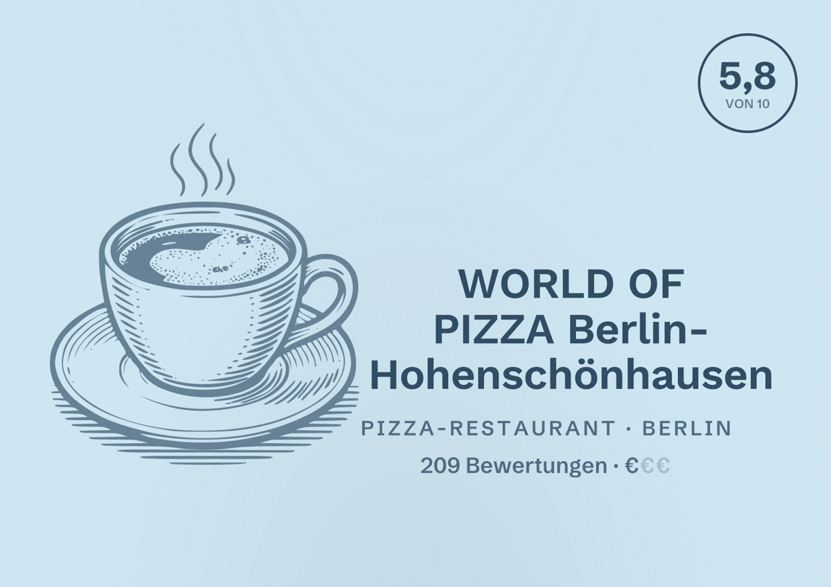 Illustriertes Poster von WORLD OF PIZZA Berlin- Hohenschönhausen, Pizza-Restaurant in Berlin: Bewertung 5,8 von 10 aus 209 Bewertungen, Preisniveau €