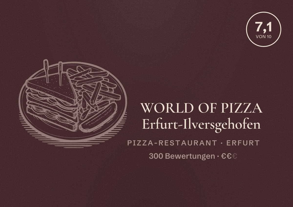 Illustriertes Poster von WORLD OF PIZZA Erfurt-Ilversgehofen, Pizza-Restaurant in Erfurt: Bewertung 7,1 von 10 aus 300 Bewertungen, Preisniveau €€