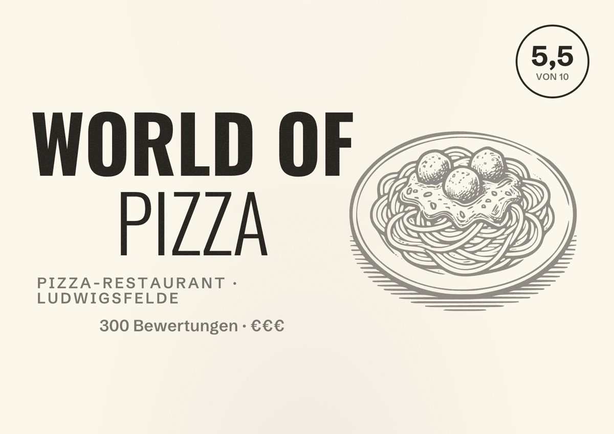 Illustriertes Poster von WORLD OF PIZZA, Pizza-Restaurant in Ludwigsfelde: Bewertung 5,5 von 10 aus 300 Bewertungen, Preisniveau €€€