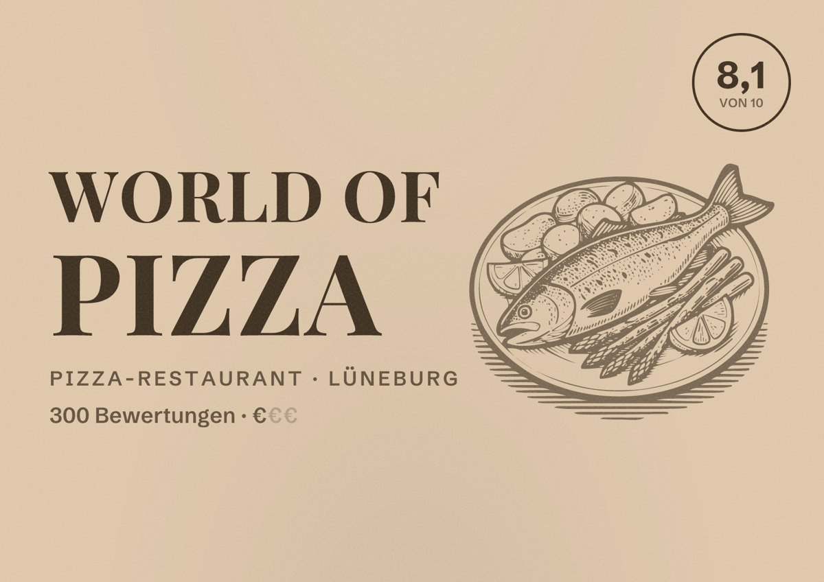 Illustriertes Poster von WORLD OF PIZZA, Pizza-Restaurant in Lüneburg: Bewertung 8,1 von 10 aus 300 Bewertungen, Preisniveau €
