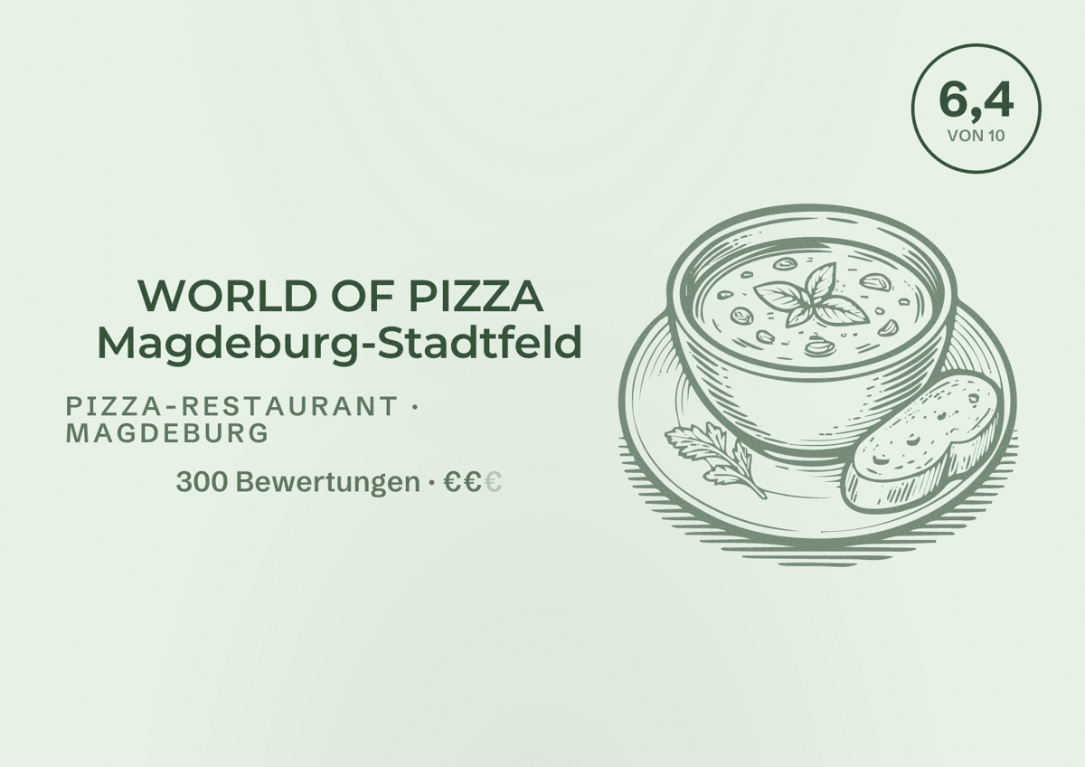 Illustriertes Poster von WORLD OF PIZZA Magdeburg-Stadtfeld, Pizza-Restaurant in Magdeburg: Bewertung 6,4 von 10 aus 300 Bewertungen, Preisniveau €€
