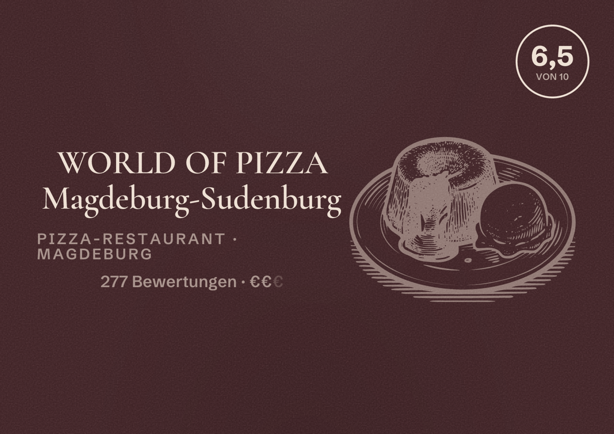 Illustriertes Poster von WORLD OF PIZZA Magdeburg-Sudenburg, Pizza-Restaurant in Magdeburg: Bewertung 6,5 von 10 aus 277 Bewertungen, Preisniveau €€