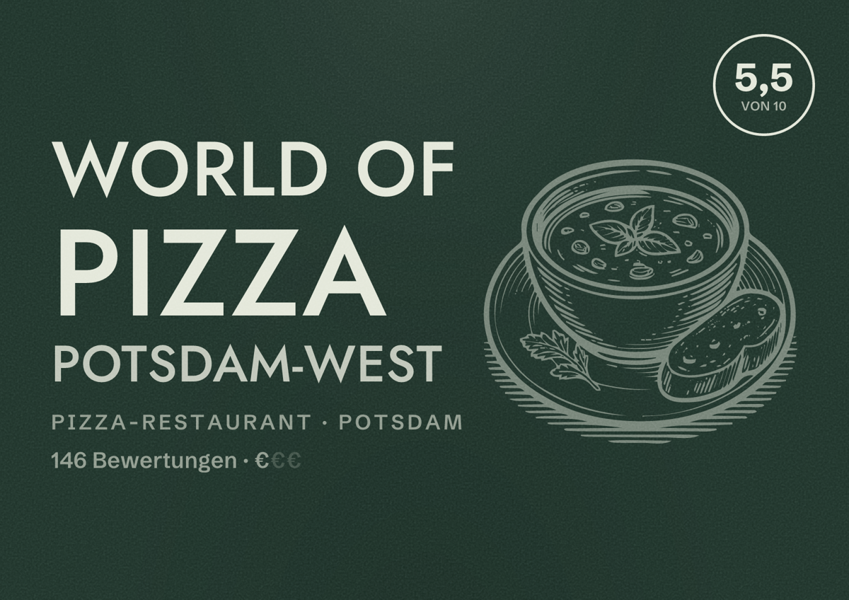 Illustriertes Poster von WORLD OF PIZZA Potsdam-West, Pizza-Restaurant in Potsdam: Bewertung 5,5 von 10 aus 146 Bewertungen, Preisniveau €