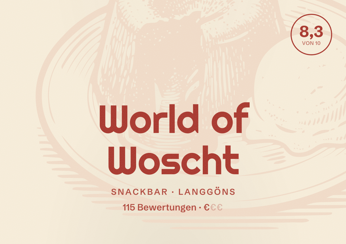 Illustriertes Poster von World of Woscht, Snackbar in Langgöns: Bewertung 8,3 von 10 aus 115 Bewertungen, Preisniveau €