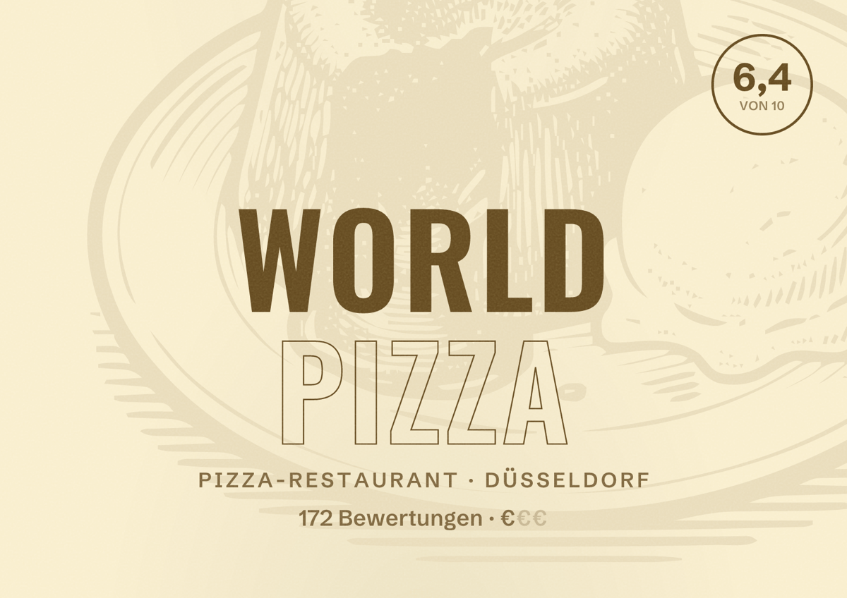 Illustriertes Poster von World Pizza, Pizza-Restaurant in Düsseldorf: Bewertung 6,4 von 10 aus 172 Bewertungen, Preisniveau €