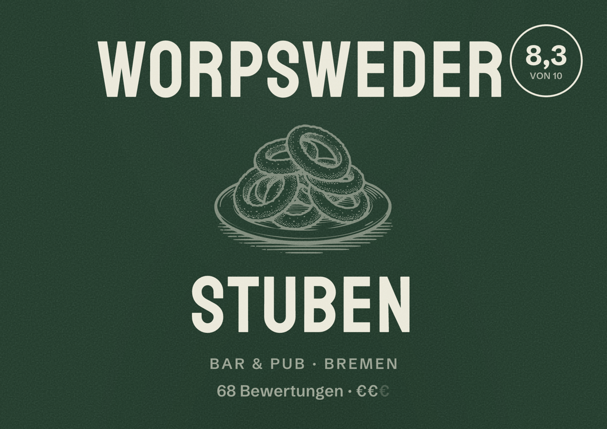 Illustriertes Poster von Worpsweder Stuben, Bar & Pub in Bremen: Bewertung 8,3 von 10 aus 68 Bewertungen, Preisniveau €€