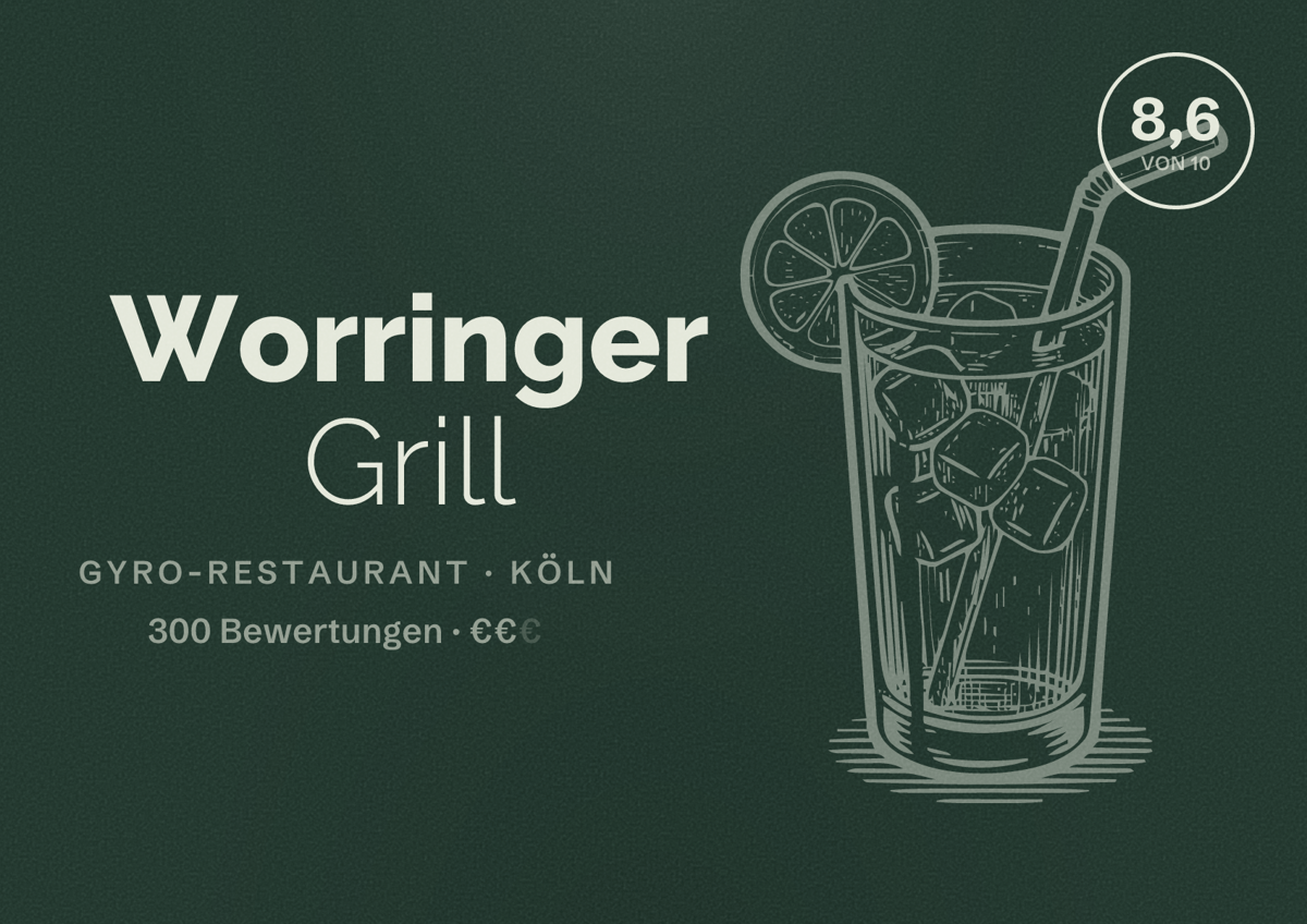 Illustriertes Poster von Worringer Grill, Gyro-Restaurant in Köln: Bewertung 8,6 von 10 aus 300 Bewertungen, Preisniveau €€