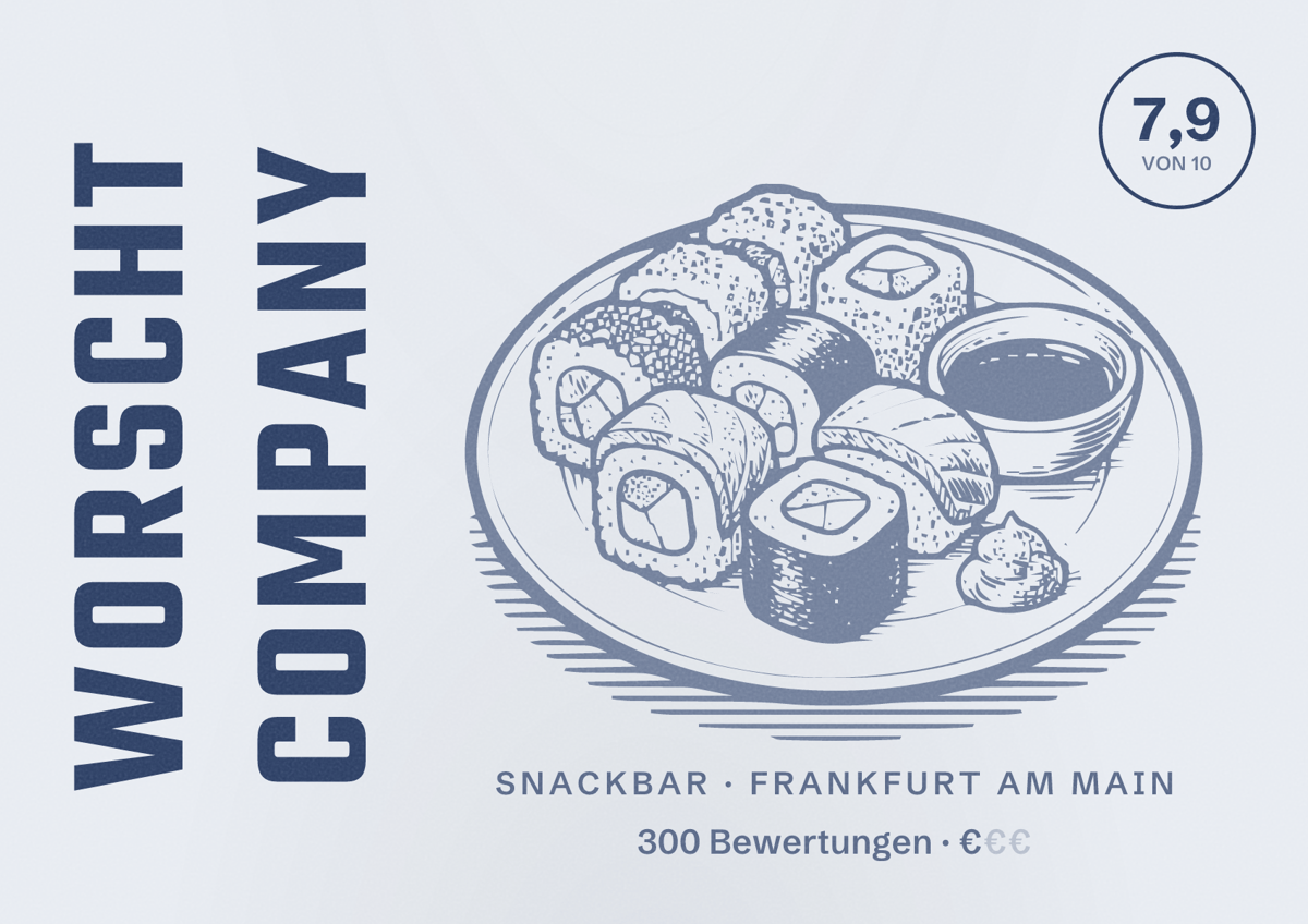 Illustriertes Poster von Worscht Company, Snackbar in Frankfurt am Main: Bewertung 7,9 von 10 aus 300 Bewertungen, Preisniveau €