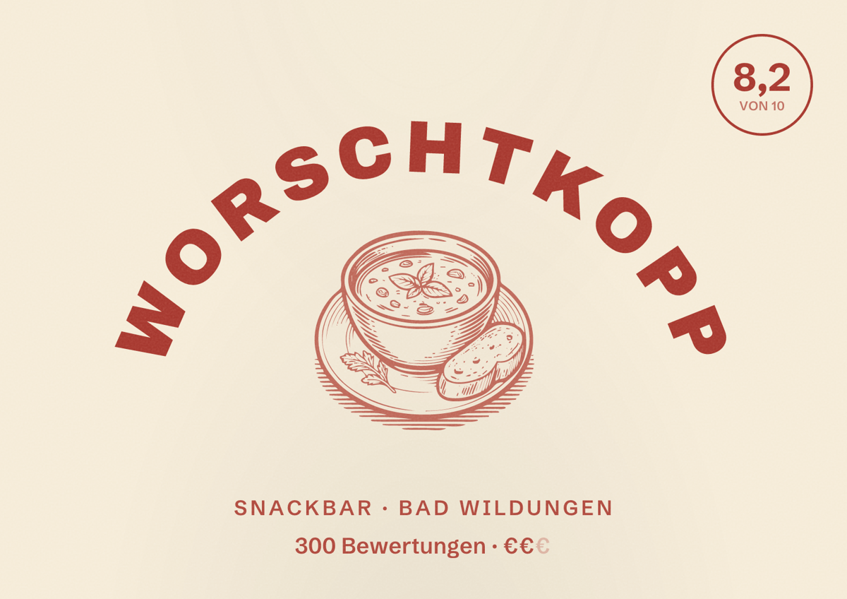 Illustriertes Poster von Worschtkopp, Snackbar in Bad Wildungen: Bewertung 8,2 von 10 aus 300 Bewertungen, Preisniveau €€