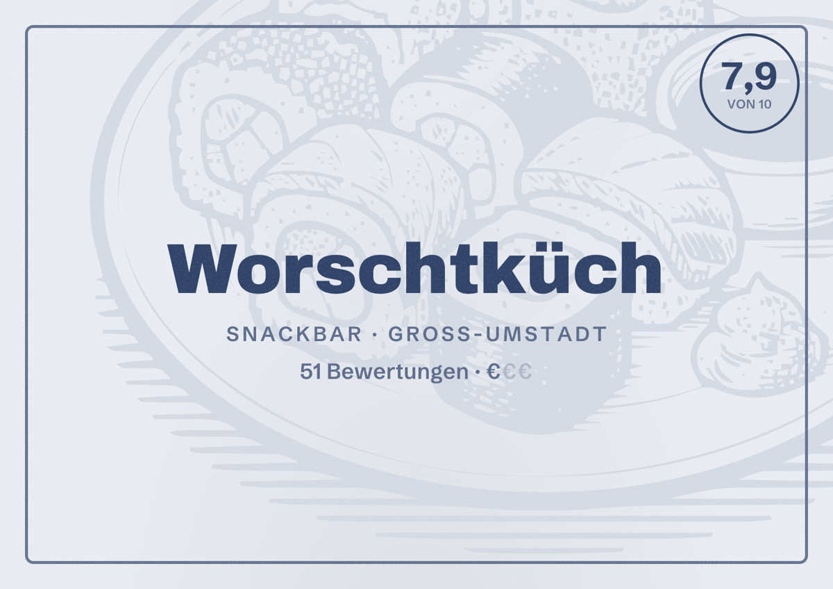 Illustriertes Poster von Worschtküch, Snackbar in Groß-Umstadt: Bewertung 7,9 von 10 aus 51 Bewertungen, Preisniveau €