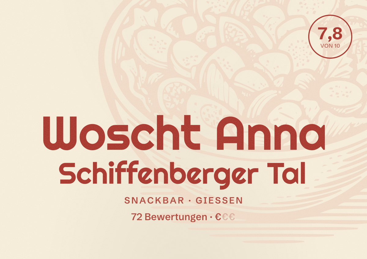 Illustriertes Poster von Woscht Anna Schiffenberger Tal, Snackbar in Gießen: Bewertung 7,8 von 10 aus 72 Bewertungen, Preisniveau €