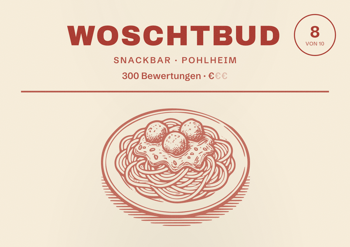 Illustriertes Poster von Woschtbud, Snackbar in Pohlheim: Bewertung 8 von 10 aus 300 Bewertungen, Preisniveau €
