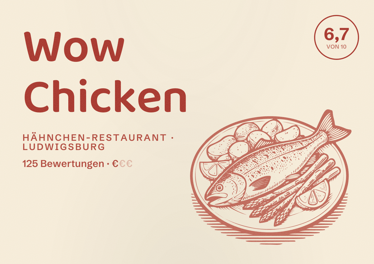 Illustriertes Poster von Wow Chicken, Hähnchen-Restaurant in Ludwigsburg: Bewertung 6,7 von 10 aus 125 Bewertungen, Preisniveau €