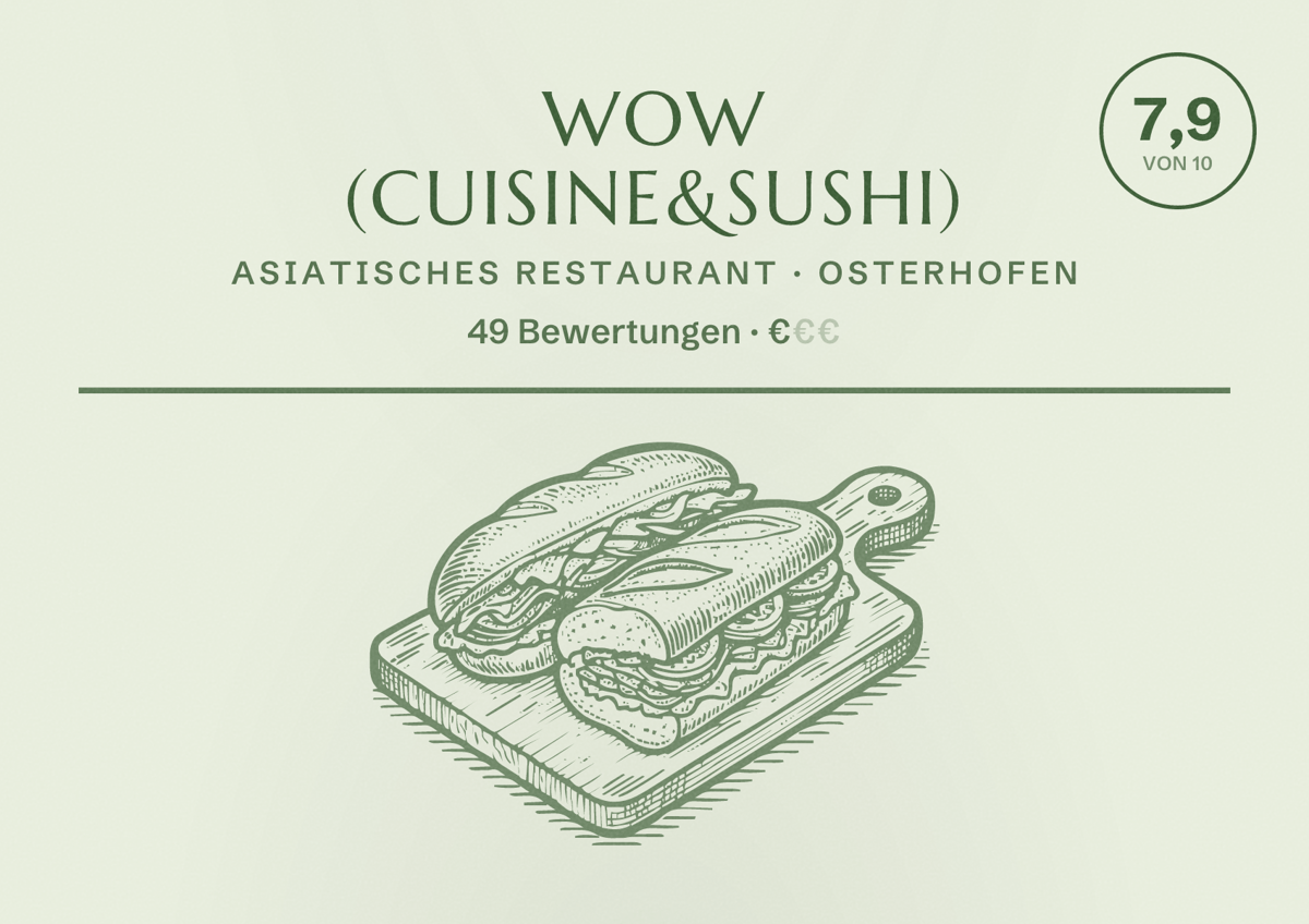 Illustriertes Poster von WoW (Cuisine&Sushi), Asiatisches Restaurant in Osterhofen: Bewertung 7,9 von 10 aus 49 Bewertungen, Preisniveau €