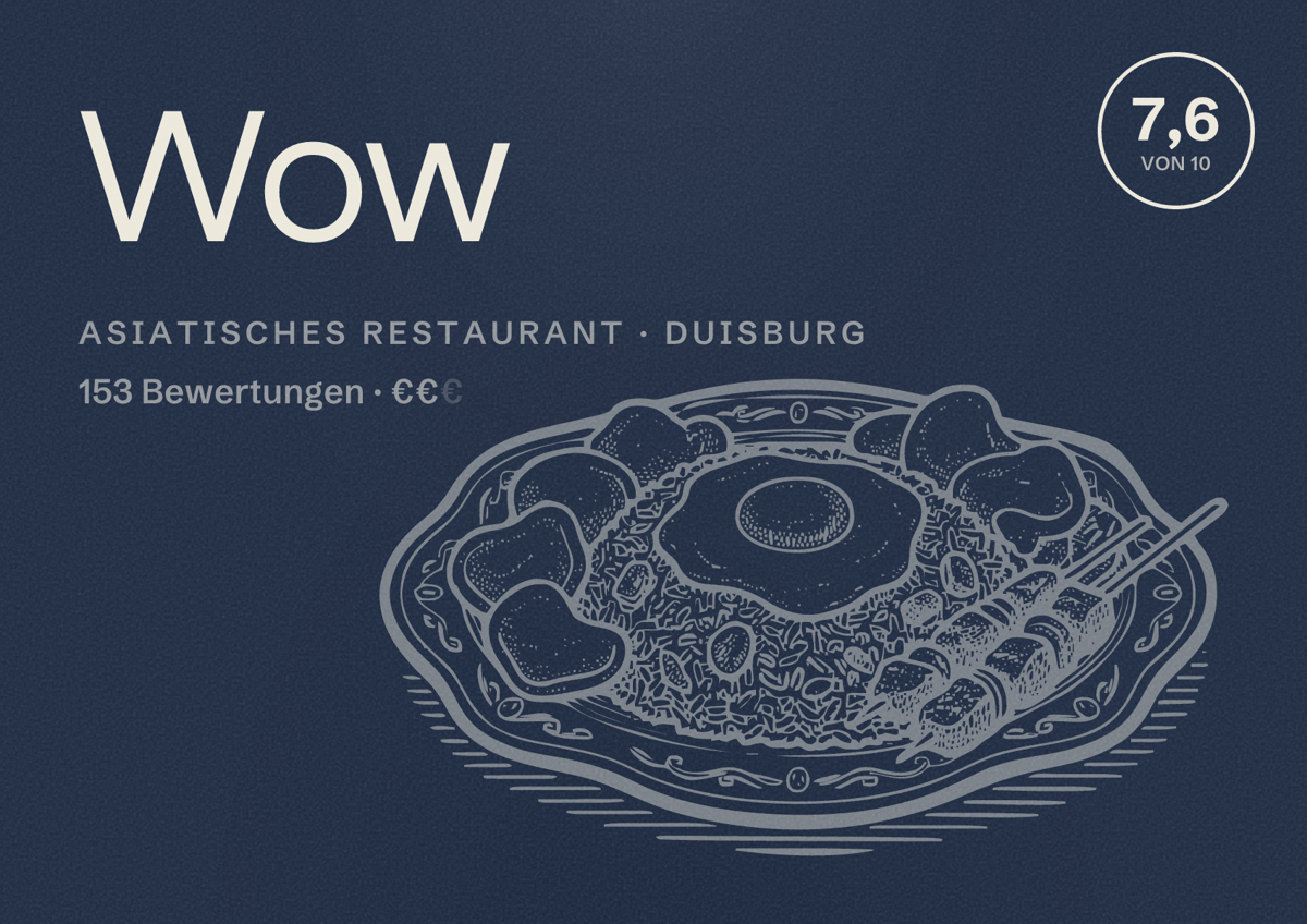 Illustriertes Poster von Wow, Asiatisches Restaurant in Duisburg: Gästebewertung 7,6 von 10 aus 153 Bewertungen
