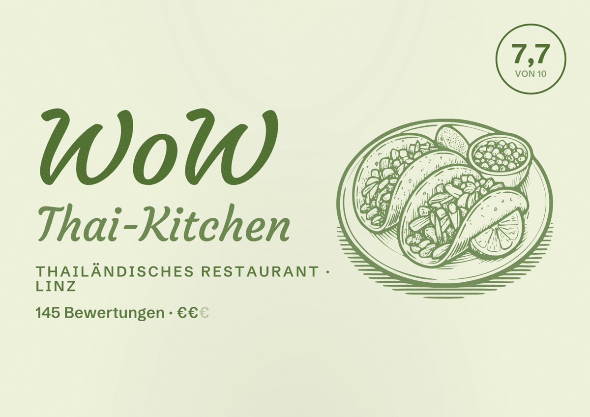 Illustriertes Poster von WoW Thai-Kitchen, Thailändisches Restaurant in Linz: Bewertung 7,7 von 10 aus 145 Bewertungen, Preisniveau €€
